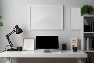 Empty poster frame mockup Working space, home office. living room poster display. Modern interior. Generative AI