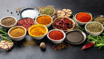 Colorful collection spices and herbs on background black table. Mediterranean condiments for decorating packing with food.