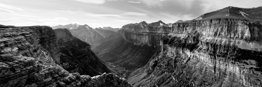 Ordesa Valley mountains Aragonese Pyrenees Spain black and white