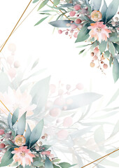 Watercolor vector wreath with green pink luxury leaves and branches.