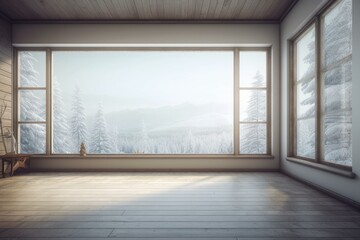Illustration of an unfurnished room with wooden flooring and winter view through window of snow-covered fir trees. Generative AI