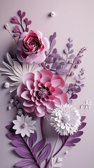 Exquisite Paper Illustration of Floral Arrangement Artistry with Lush Layers in Vivid Shades of Purple, White, and Pink, Perfect for Crafts, Artistic Design, Botanical Themes, and Creative Projects