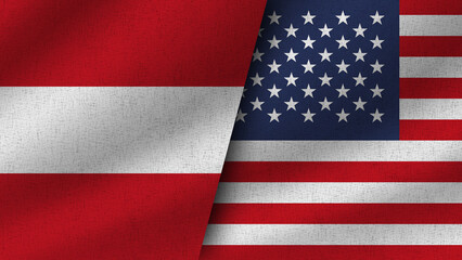 USA and Austria Realistic Two Flags Together, 3D Illustration