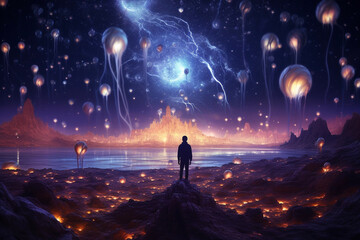 Person standing in abstract space sky landscape