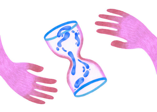 Pencil illustration of two hands and a weightless hourglass