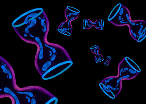 Illustration of hourglasses floating in the air on a black background