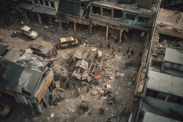 Fototapeta na wymiar A bird's eye view of the aftermath of an earthquake. A team of rescuers and paramedics examine concrete debris of a demolished building. Generative AI