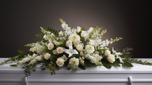 Funeral ceremony. coffin and flowers. generative AI