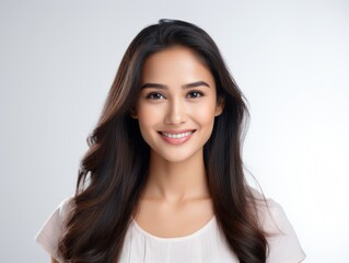 a closeup photo portrait of a beautiful young asian indian model woman smiling with clean teeth....