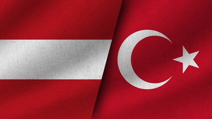 Turkey and Austria Realistic Two Flags Together, 3D Illustration
