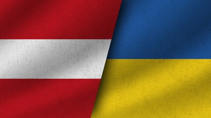 Ukraine and Austria Realistic Two Flags Together, 3D Illustration