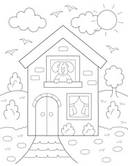 Obraz na płótnie Canvas cute design of a coloring page with a house, a puppy and more shapes. you can print it on 8.5x11 inch paper