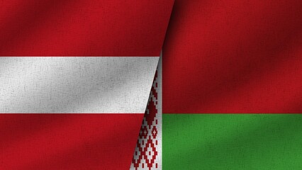 Belarus and Austria Realistic Two Flags Together, 3D Illustration