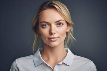 Portrait of beautiful young woman with blue eyes looking at camera.