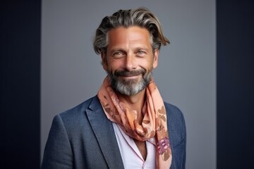 Medium shot portrait photography of a pleased man in his 40s wearing a foulard against a minimalist or empty room background