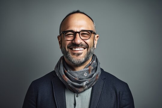 Portrait of a smiling middle-aged man wearing glasses and a scarf