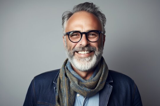Portrait of a handsome mature man wearing glasses and a scarf.