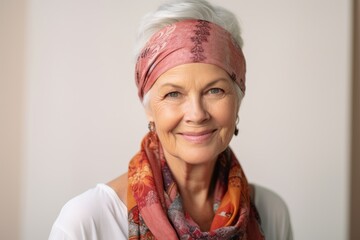 Portrait of smiling senior woman with headscarf against white background