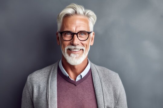 Smiling mature man in eyeglasses is looking at camera and smiling while standing against grey background
