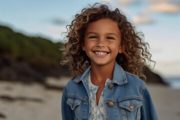 Portrait of a smiling little girl with curly hair on the beach