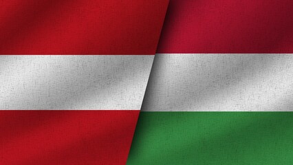 Hungary and Austria Realistic Two Flags Together, 3D Illustration