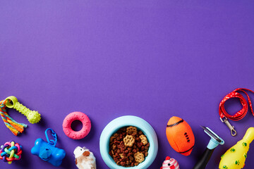 Zoo shop banner template. Flat lay composition with pet accessories and toys on purple background