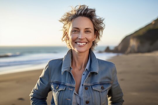 Portrait of smiling mature woman standing on beach at sunrise in countryside