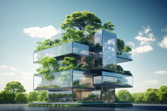 Modern environmentally friendly building. Sustainable glass office with wood to reduce carbon footprint. Office surrounded by greenery. Corporate buildings reduce CO2 emissions. ai generative