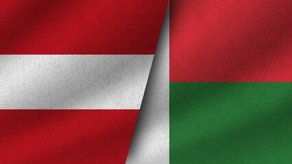 Madagascar and Austria Realistic Two Flags Together, 3D Illustration
