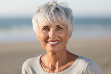 Fototapeta na wymiar Portrait of smiling senior woman standing on beach at the day time