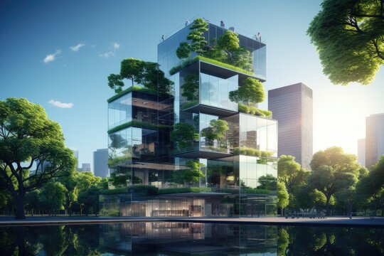 Modern Environmentally Friendly Building. Sustainable Glass Office With Wood To Reduce Carbon Footprint. Office Surrounded By Greenery. Corporate Buildings Reduce CO2 Emissions. Ai Generative