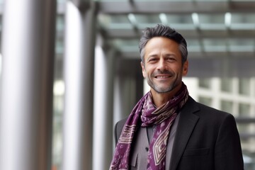 Portrait of a handsome businessman standing in an office lobby, smiling.