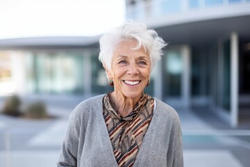 Portrait of smiling senior woman standing in front of modern office building