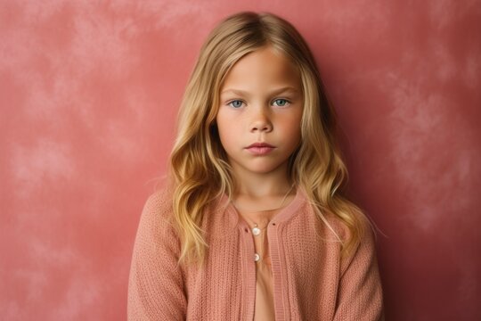 Lifestyle portrait photography of a serious child female wearing a chic cardigan against an abstract background