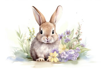 Easter Bunny Delight: Watercolor Rabbit Among Vibrant Flowers in Lush Green Grass, Perfect for Greetings and Invitations