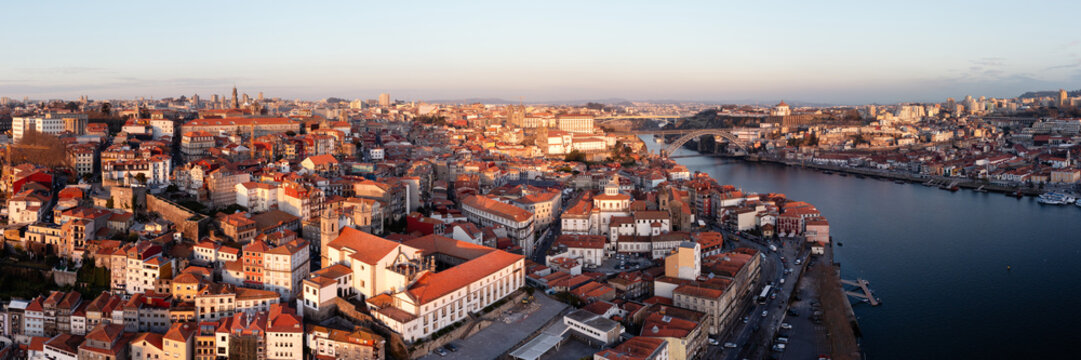 Porto City Ribeira Cais aerial sunset Portugal