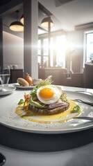 Gourmet Breakfast Delight: Fried Egg, Fresh Greens, and Savory Gravy Offer in Upscale Restaurant Setting, Bright Sunlight, Pleasant Atmosphere