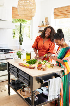 Mature Black women friends preparing homemade soda drinks in  kitchen