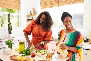 Black girlfriends cooking healthy meal together in the kitchen at home