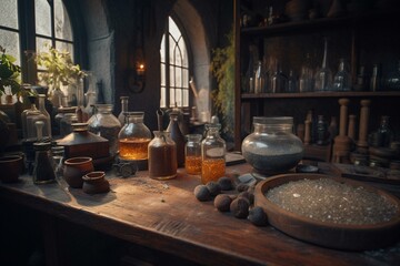 Medieval alchemist laboratory with equipment and tools. Generative AI