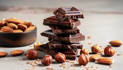 Bar of Chocolate tower pieces. Hazelnut and almond dark chunks of broken chocolate. Sweet food...