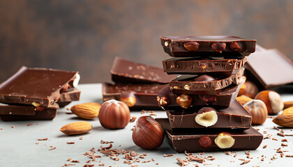 Bar of Chocolate tower pieces. Hazelnut and almond dark chunks of broken chocolate. Sweet food...