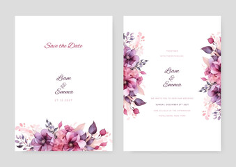 Vector wedding invitation and menu template with beautiful leaves and flowers