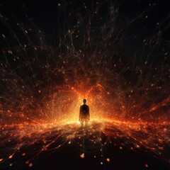 Human silhouette, infinite space pierced with thousands glowing fire threads.