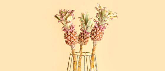 Vase with decorative pineapples on beige background
