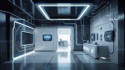 Exploring the Future: Futuristic Spaceship look Room with Minimalistic Design and High-Tech Elements. Futuristick flat with future living room. 