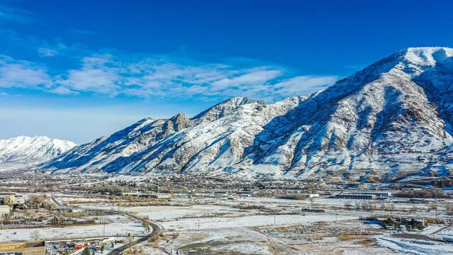 Aerial winter-time panoramic view of Buckley Mountain in Provo, Utah