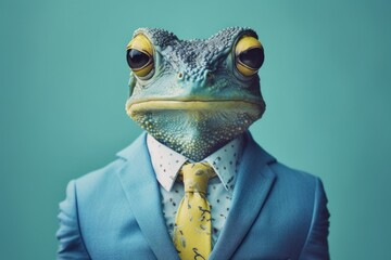 Anthropomorphic frog dressed in a suit like a businessman. Business Concept. AI generated, human enhanced - obrazy, fototapety, plakaty