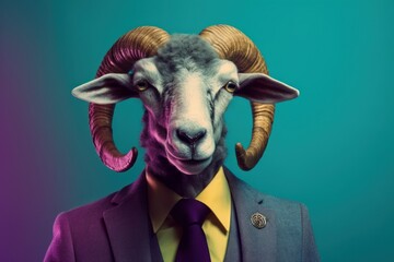 Anthropomorphic ram dressed in a suit like a businessman. Business Concept. AI generated, human enhanced