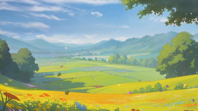 beautiful scenery of prairie nature and blue sky. Cartoon or anime watercolor painting illustration style. seamless looping video animation background.